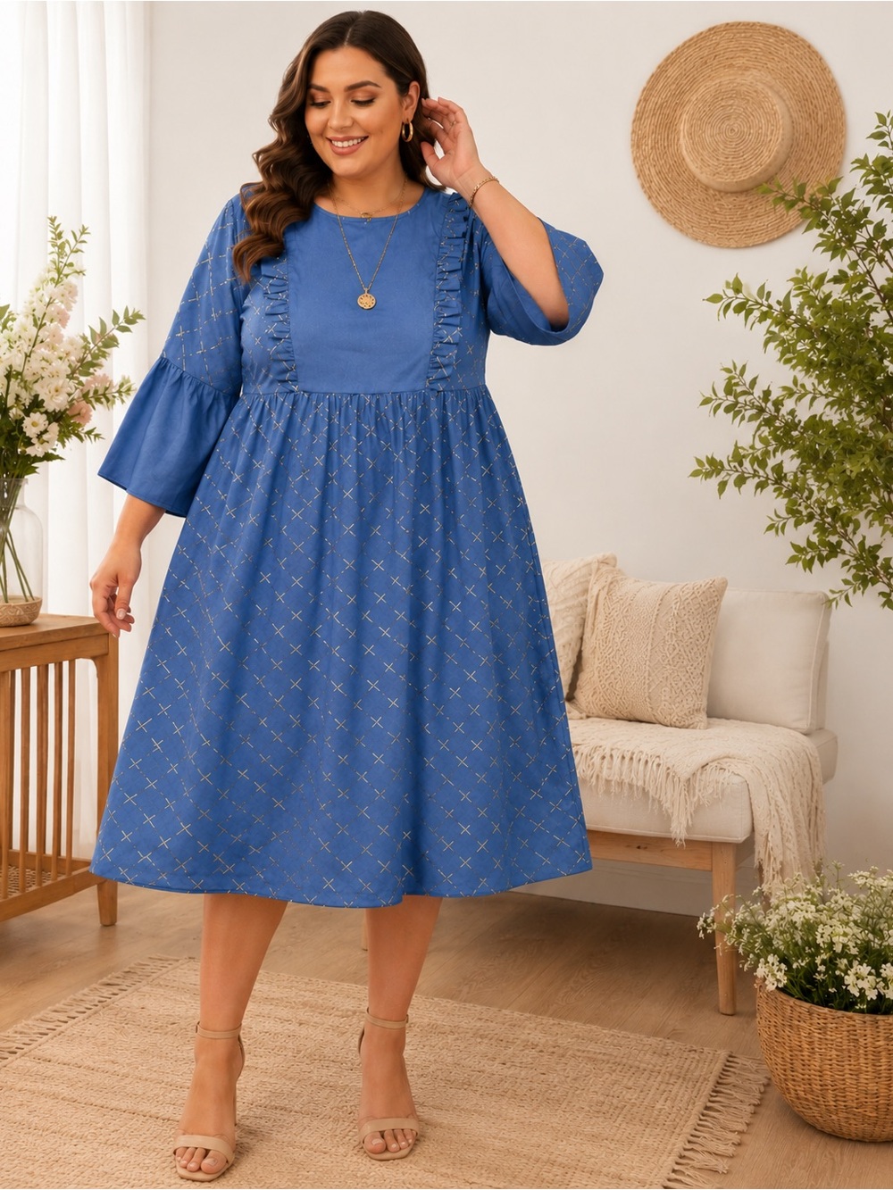 Sz 1XL Bluebell Gold Shimmer Midi Dress Flare Sleeve Tiered Midi in Dusty Blue